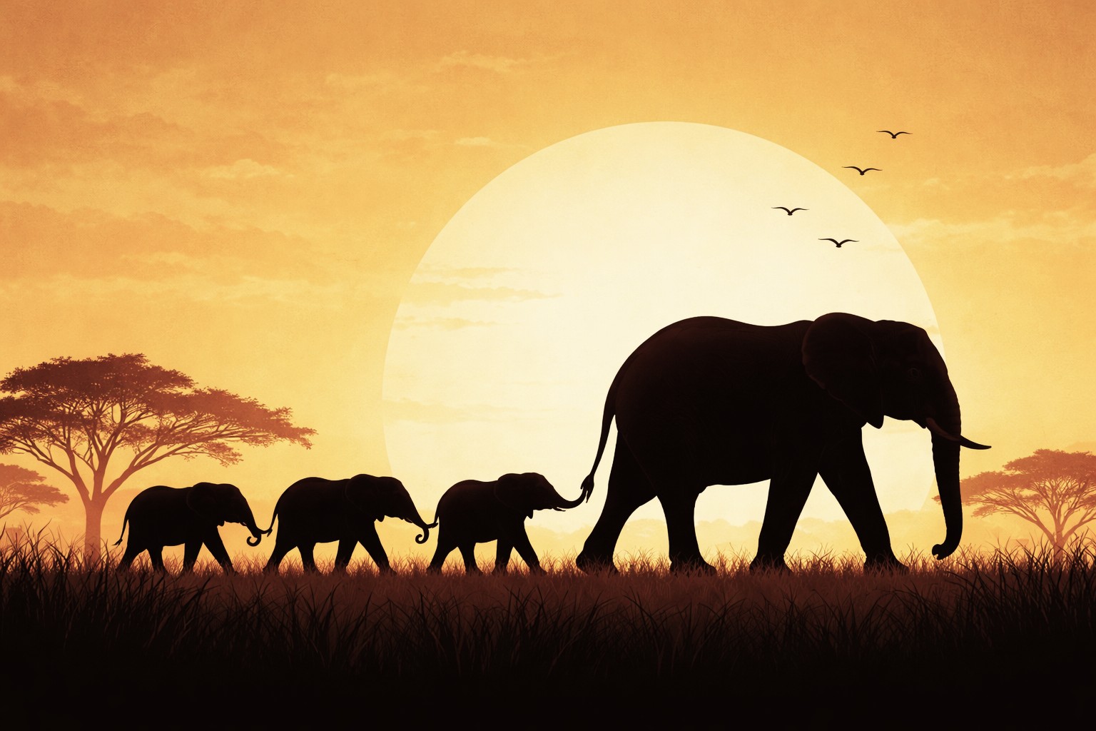 Warme afrikanische Landschaft mit Elefanten im Sonnenlicht